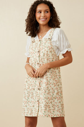 HY7086W CREAM Plus Floral Corduroy Button Detail Tank Dress Front